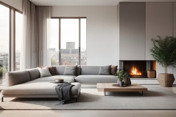 Fototapeta premium Scandinavian interior home design of modern living room with gray sofa and fireplace with big city view from the window