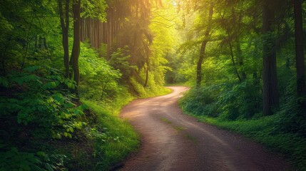 Obraz premium a dirt road in the middle of a forest with trees on both sides of the road and the sun shining through the trees on the other side of the road.