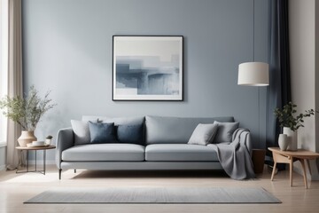 Scandinavian interior home design of modern living room with dirty blue sofa and stucco wall with abstract poster frame