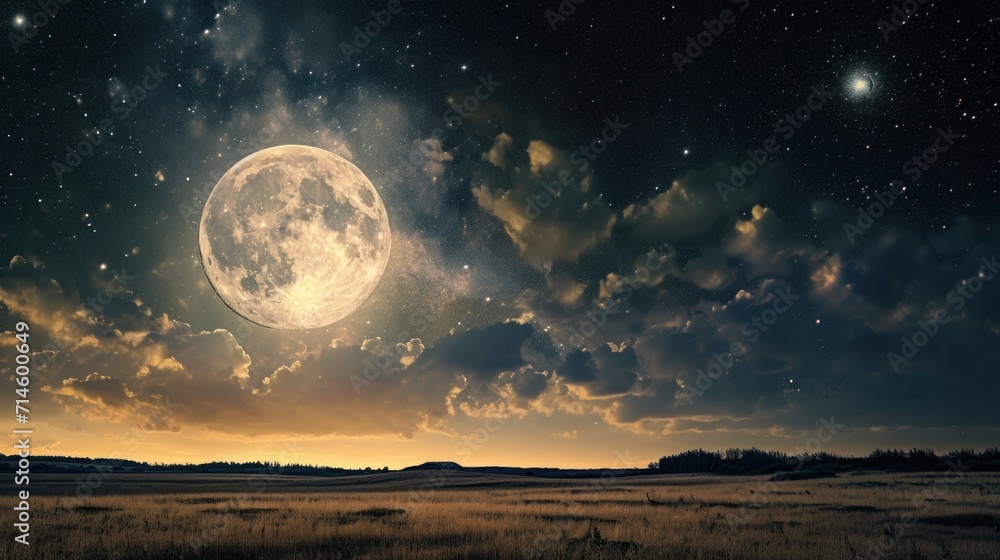 Wall mural an image of a full moon in the sky above a field of grass and a field of grass with a few trees in t