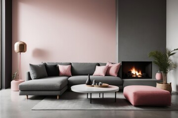 Scandinavian interior home design of modern living room with gray sofa and fireplace against concrete wall with copy space