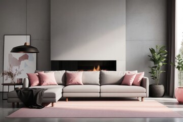 Scandinavian interior home design of modern living room with gray sofa and fireplace against concrete wall with copy space