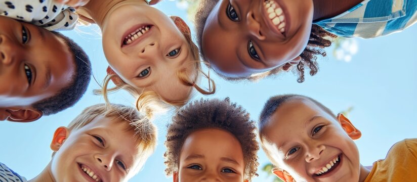 Happy kids from different cultures looking at the camera from below.