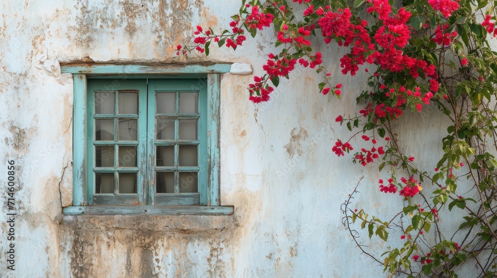 Poster a window with a green frame and a bunch of red flowers on the side of a building with a green door a