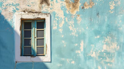 Fototapeta na wymiar a window on the side of a building with peeling paint on the walls and a blue wall with peeling paint and peeling paint on the outside of the window panes.