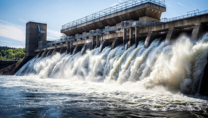 An amazing image of a hydroelectric power station with water jets. The photo demonstrates the efficiency and potential of this clean energy solution. 