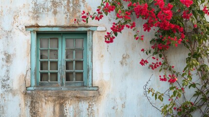  a window with a green frame and a bunch of red flowers on the side of a building with a green door and window sill on the side of the building.