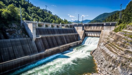 A breathtaking view of a hydroelectric facility with streams of water gushing out. This photo captures the essence of human ingenuity and nature's power.
