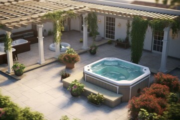 3D-rendered patio with pergola, jacuzzi, and barbecue. Generative AI - obrazy, fototapety, plakaty