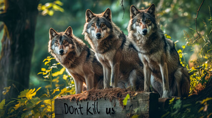 Grey wolves in a green forest, the text "Don't kill us" is written in chalk on a wooden board