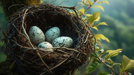 Obraz premium a bird's nest with four eggs sitting on a tree branch in front of a blurry background of green leaves and a green leafy tree with a blue sky.