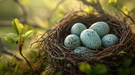  a nest filled with blue speckled eggs sitting on top of a green leaf covered forest floor next to a small green leafy twiggy tree with green leaves. - obrazy, fototapety, plakaty