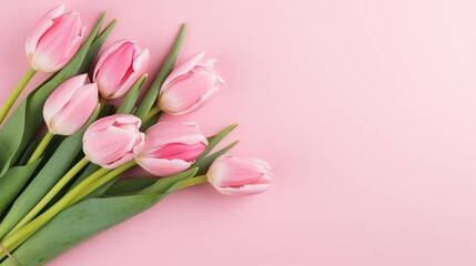 Vibrant Bouquet of colorful tulips. Festive flowers on a light pink background. Easter and mothers day, International Women's Day
