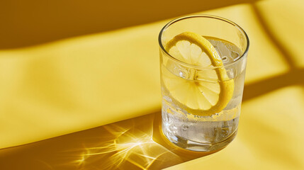 Klares Wasser mit Zitronenscheibe auf sonnengelbem Hintergrund