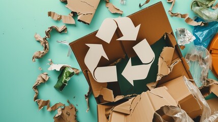 Recycling symbol with three green arrows in a triangular loop, prominently displayed over a mixed assortment of discarded paper and plastic waste, highlighting the importance of recycling.