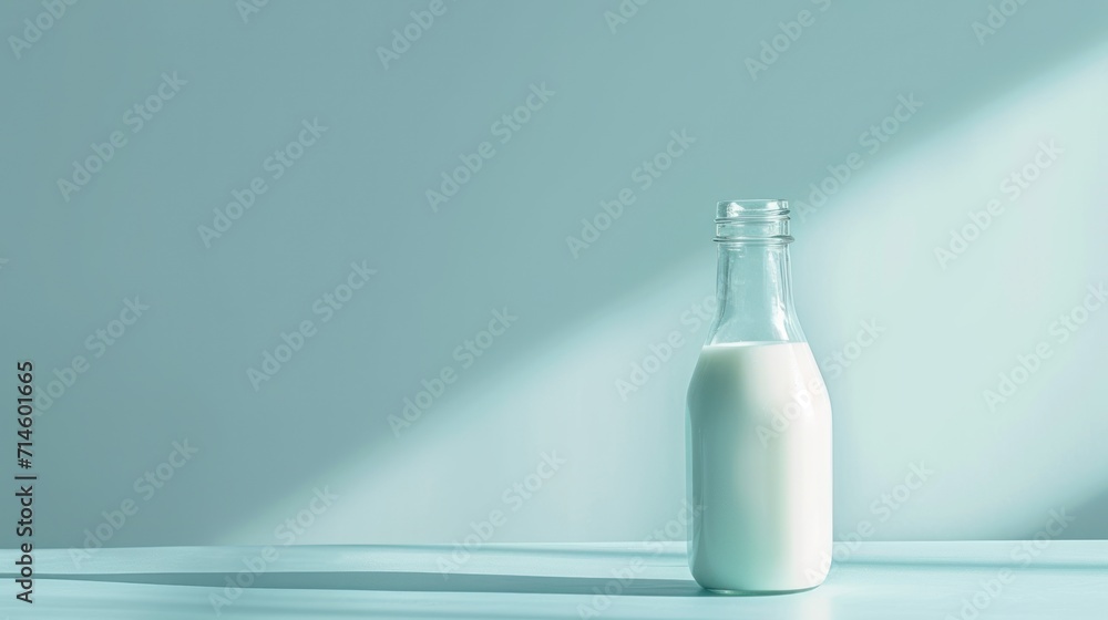 Poster a bottle of milk sitting on a table with a shadow cast on the wall behind it and a shadow cast on th