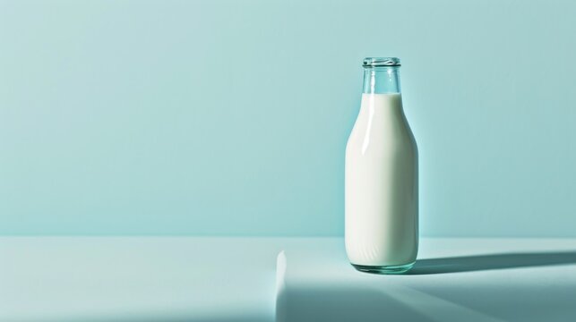  a bottle of milk sitting on top of a table next to a shadow of a person's shadow on the table and a light blue wall in the background.