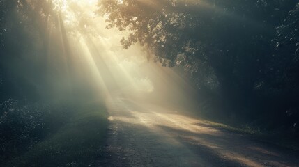  a dirt road in the middle of a forest with sunbeams shining through the trees on either side of the road and on the other side of the road.