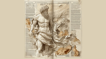 A page from a modern minimalist stylish encyclopedia of ancient Greek mythology detailing the God Hephaistos, infographic drawing, incorporating 3D