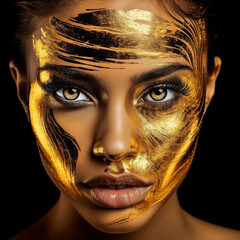 Primer plano de mujer con pintura dorada en el rostro