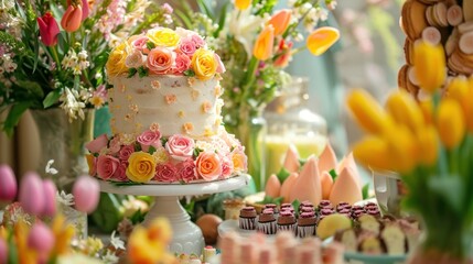  a white cake sitting on top of a table next to a bunch of cupcakes and a bunch of flowers on top of a cake stand next to cupcakes.