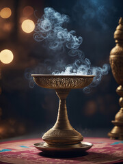 golden goblet with incense smoke - obrazy, fototapety, plakaty