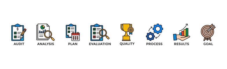 Assessment banner web icon for accreditation and evaluation method on business and education with audit, analysis, plan, evaluation, quality,process,results and goal icon