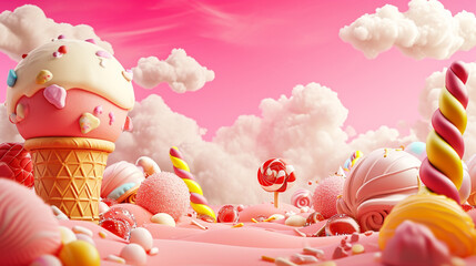 sweet landscape of ice cream and candy on pink sky background with clouds. Ai Generative