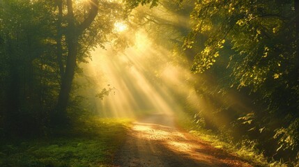  a dirt road in the middle of a forest with sunbeams shining through the trees on either side of the road is a dirt road with grass and leaves on both sides.