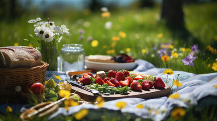 A delightful picnic setup with a basket, fresh strawberries, and bread on a sunny meadow, surrounded by wildflowers.
