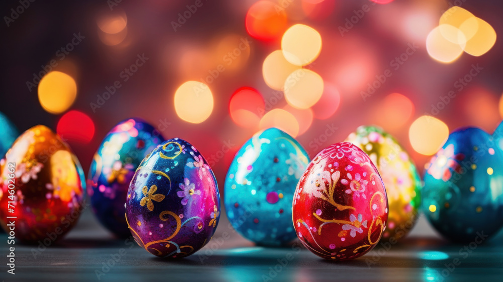 Poster hand-painted easter eggs with intricate patterns displayed against a backdrop of warm, festive bokeh