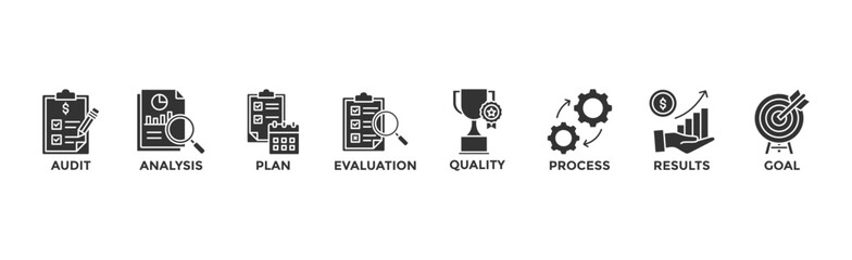 Assessment banner web icon for accreditation and evaluation method on business and education with audit, analysis, plan, evaluation, quality,process,results and goal icon