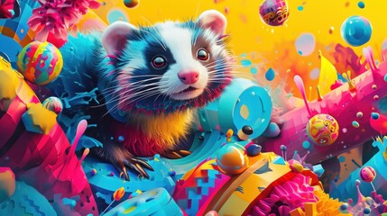  a close up of a painting of a ferret surrounded by confetti, balls, and confetti sprinkles on a bright yellow background. - obrazy, fototapety, plakaty