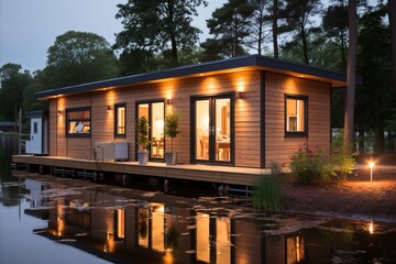 Fototapeta premium A cozy modern wooden house in the forest with large glass windows overlooking a serene lake.