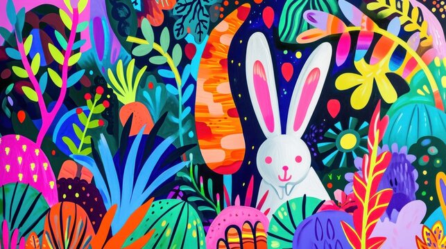  a painting of a bunny rabbit surrounded by plants and flowers on a black background with a white rabbit on the right side of the picture, and a pink rabbit on the left.