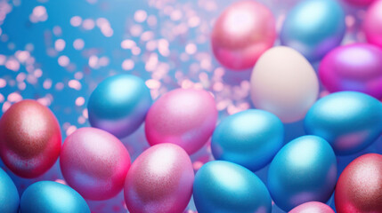 Fototapeta na wymiar A festive Easter celebration with a collection of vibrant, multicolored eggs against a sparkling pink bokeh background, symbolizing joy and springtime.
