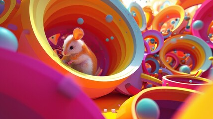  a close up of a small animal inside of a tunnel of colorful plastic cups with bubbles and bubbles on the inside of the tunnel, and a mouse in the middle of the middle of the.