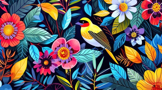  a painting of a bird sitting on a branch surrounded by flowers and leaves on a dark blue background with red, yellow, pink, blue, and green leaves.