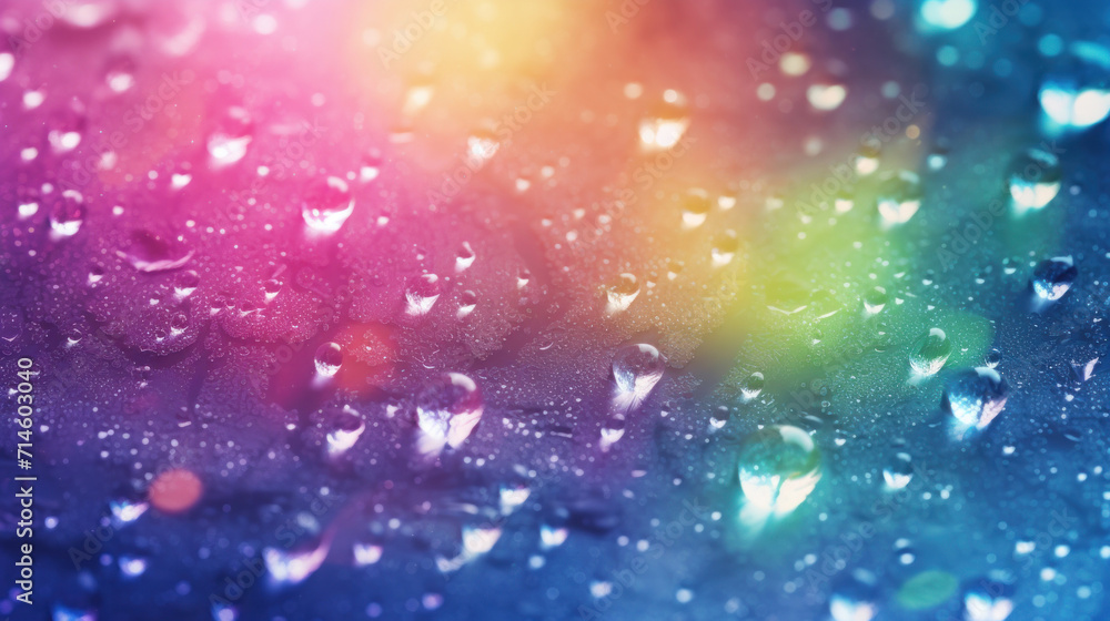 Poster macro shot of water droplets on a gradient surface displaying a spectrum of colors, resembling a rai