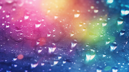 Macro shot of water droplets on a gradient surface displaying a spectrum of colors, resembling a rainbow effect. - obrazy, fototapety, plakaty