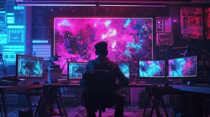 Cybernetic Imagination: A Virtual Artist Creating Digital Masterpieces in a Neon-Lit Studio at Midnight