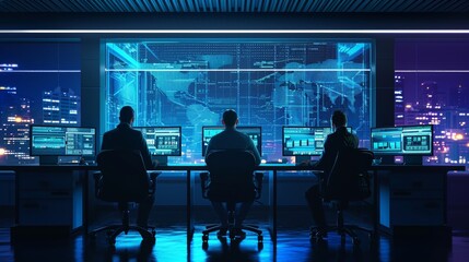 Fototapeta na wymiar Cybersecurity Threat Analysis: Security Analysts Analyzing Digital Threats in a Dimly Lit Room at Midnight