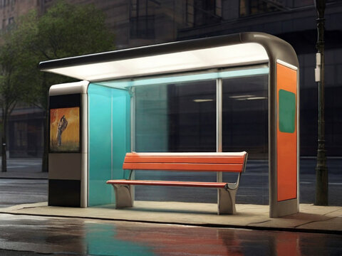 Empty bus stop with bench in the city. 3d rendering. Created using generative AI tools