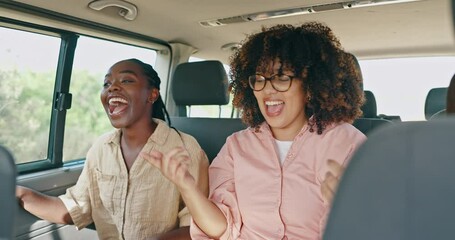 Smile, dance and friends in car for road trip together to travel on holiday, vacation or weekend getaway. Diversity, happy or transport with excited man and women in vehicle for journey or adventure