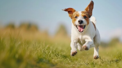  a small brown and white dog running through a field of grass with its tongue out and it's tongue hanging out to the side of it's mouth.