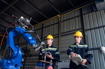 Engineer with helmet safety inspection control a robot arm welding machine with a remote system in an industrial factory, technician worker check for repair maintenance electronic operation