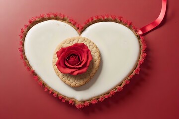 Heart shaped cake for Valentine's Day on red background, top view