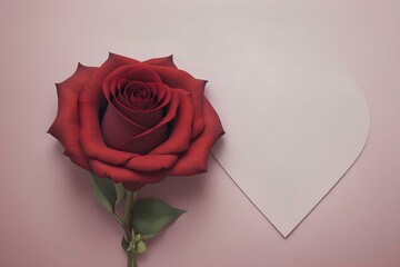 Red rose on pink background. Flat lay, top view, copy space
