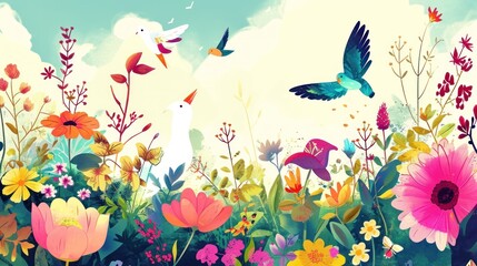 a painting of a bird flying over a field of flowers with birds flying in the sky in the background and a bird in the foreground with a bird in the foreground.