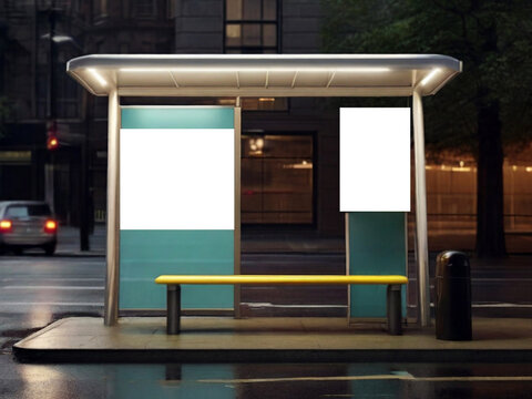 Empty bus stop on a city street. 3d rendering. Created using generative AI tools